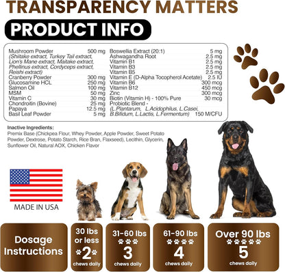 Natural organic ingredients breakdown of Turkey Tail Lion's Mane and glucosamine on Vet Promise bottle