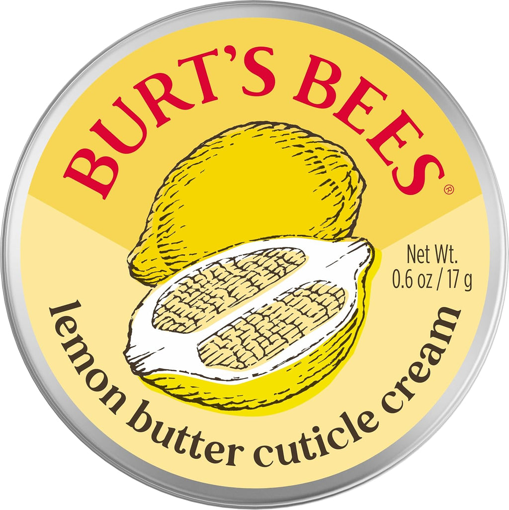 Burt's Bees Lemon Butter Cuticle Cream front view of the circular yellow metal tin showing the brand logo.