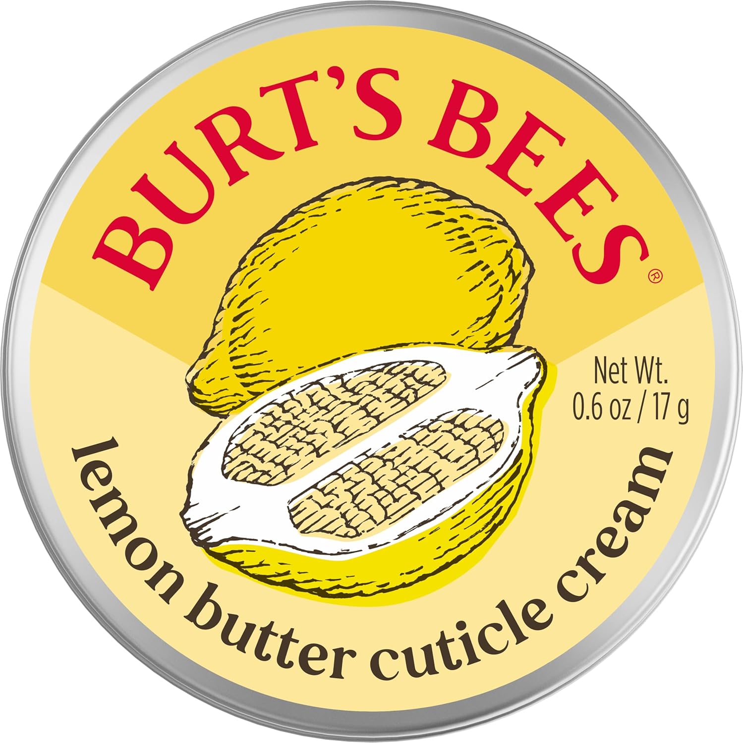 Burt's Bees Lemon Butter Cuticle Cream front view of the circular yellow metal tin showing the brand logo.