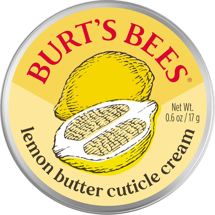Burt's Bees Lemon Butter Cuticle Cream front view of the circular yellow metal tin showing the brand logo.
