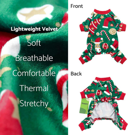 Back view of small dog in Fitwarm Christmas pajamas showing tail coverage