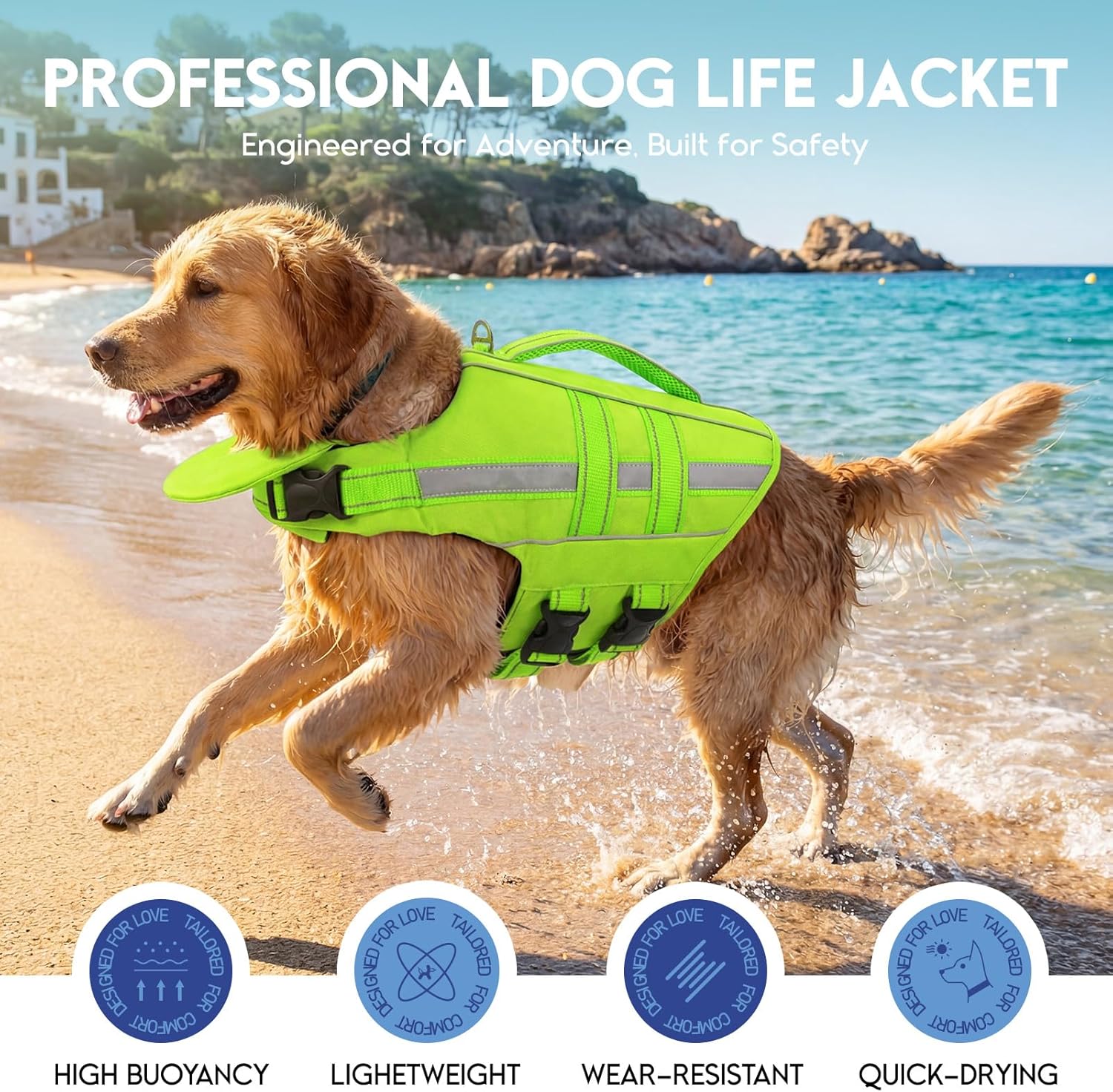 Premium high density foam dog swim jacket close up details
