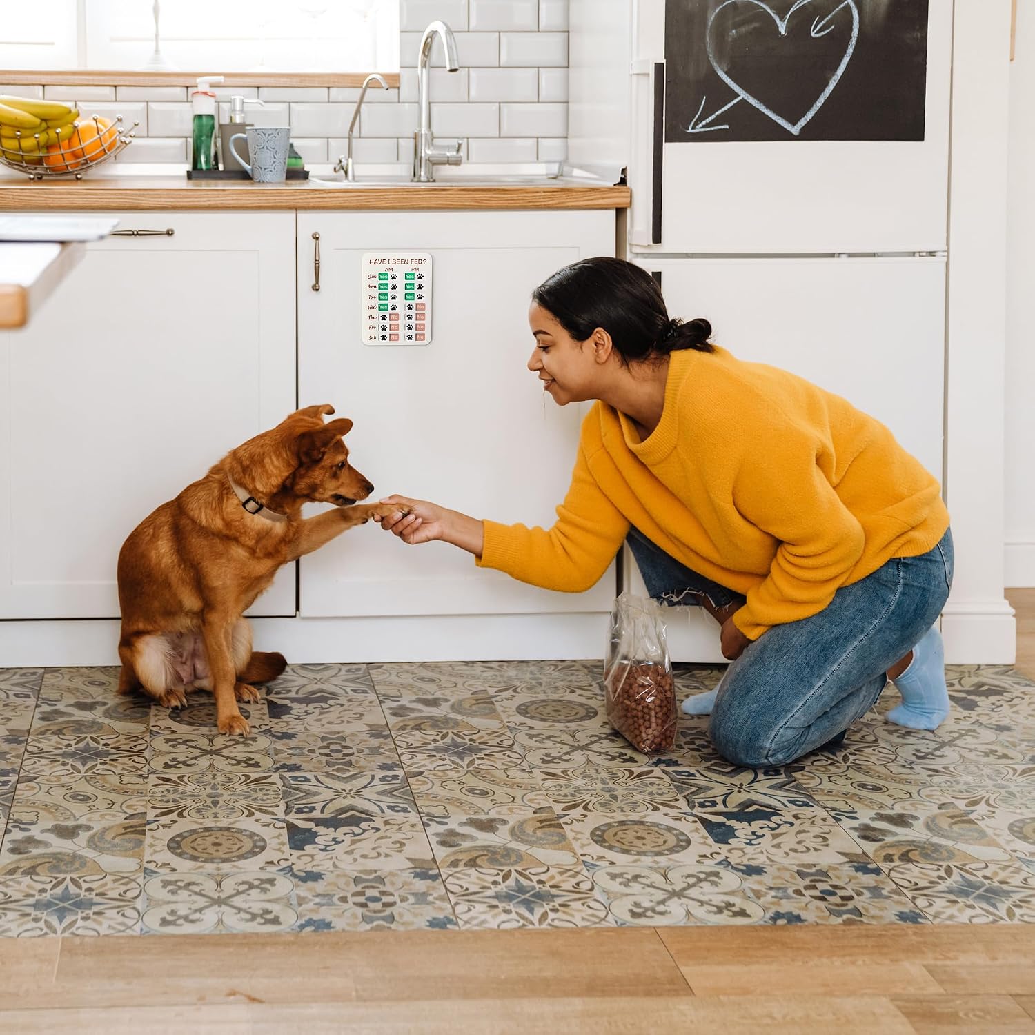 Premium acrylic pet feeding schedule slider chart showing weekly overview.