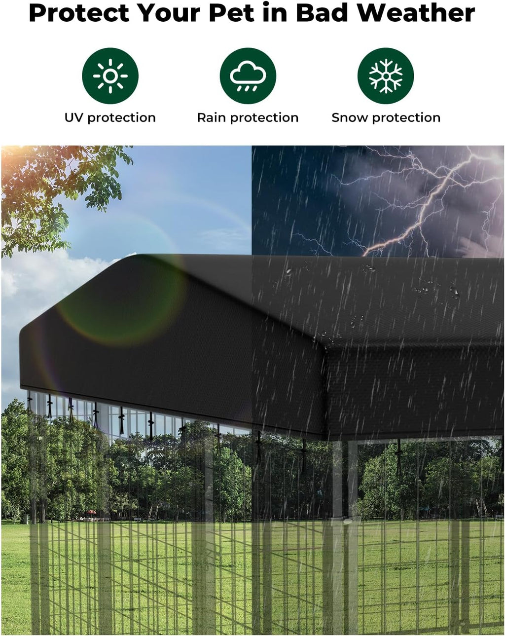 PawGiant 420D waterproof dog kennel canopy showcasing the secure metal fixing buckles close up.