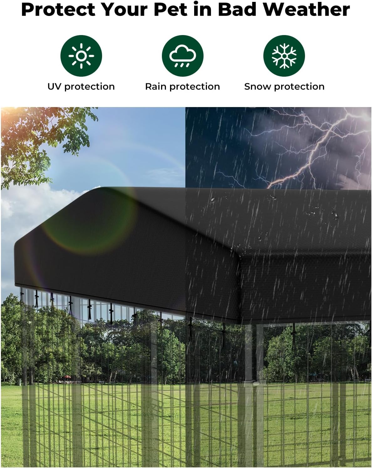 PawGiant 420D waterproof dog kennel canopy showcasing the secure metal fixing buckles close up.