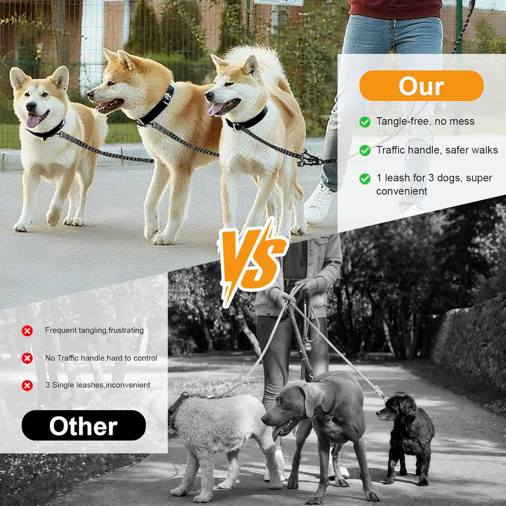 Black and white reflective rope triple dog leash detached configuration view.
