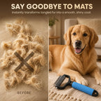 SereniMist pet rake removing loose undercoat fur from a long haired dog