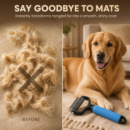 SereniMist pet rake removing loose undercoat fur from a long haired dog