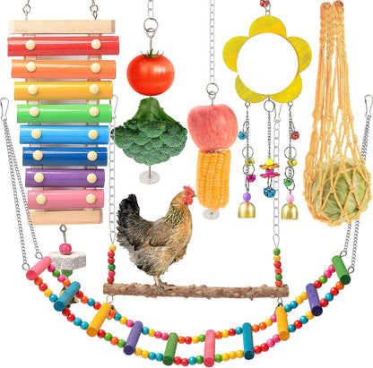 KAKUNM chicken toys for coop 7 piece set front view showing full enrichment kit