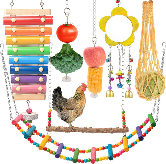 KAKUNM chicken toys for coop 7 piece set front view showing full enrichment kit