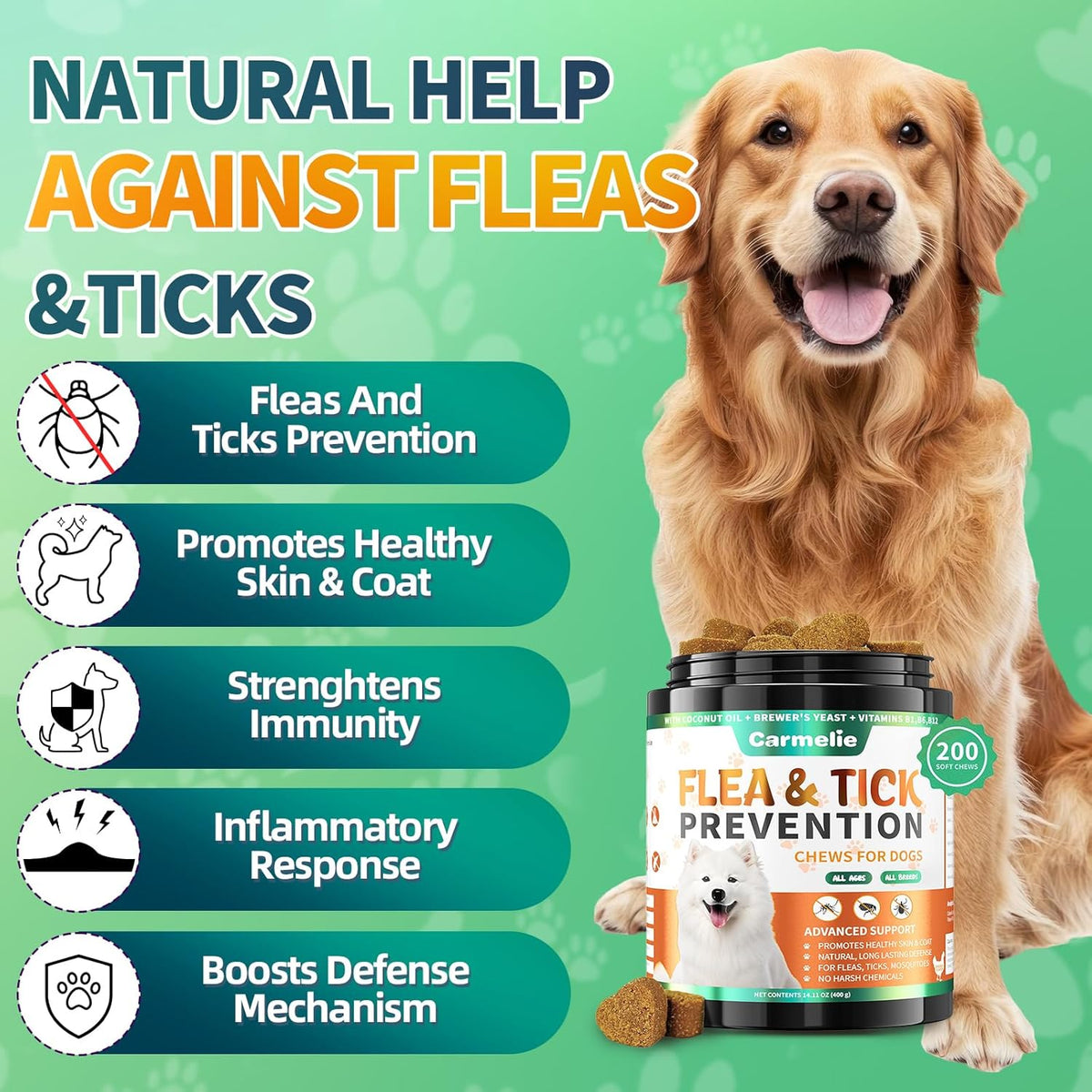Carmelie natural flea and tick dog chewables showing the ingredient panel including coconut oil, neem, and brewer's yeast