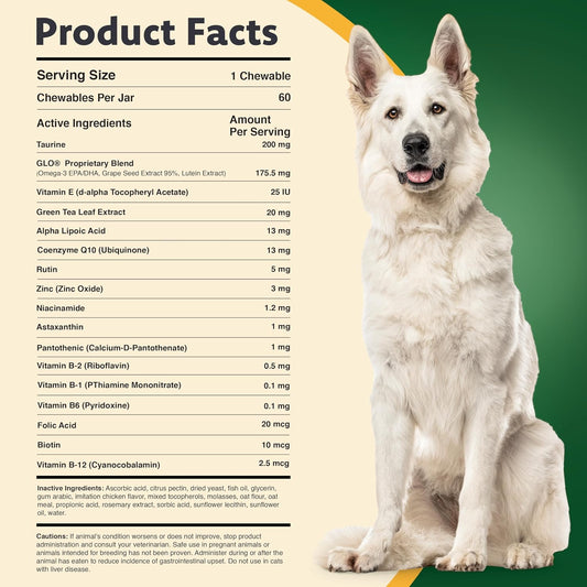 Ocu-GLO pet vision supplement side panel showing dietary ingredients and antioxidant blend