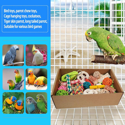 Interactive bird chewing toy box with hanging rope and metal hook for birdcage attachment