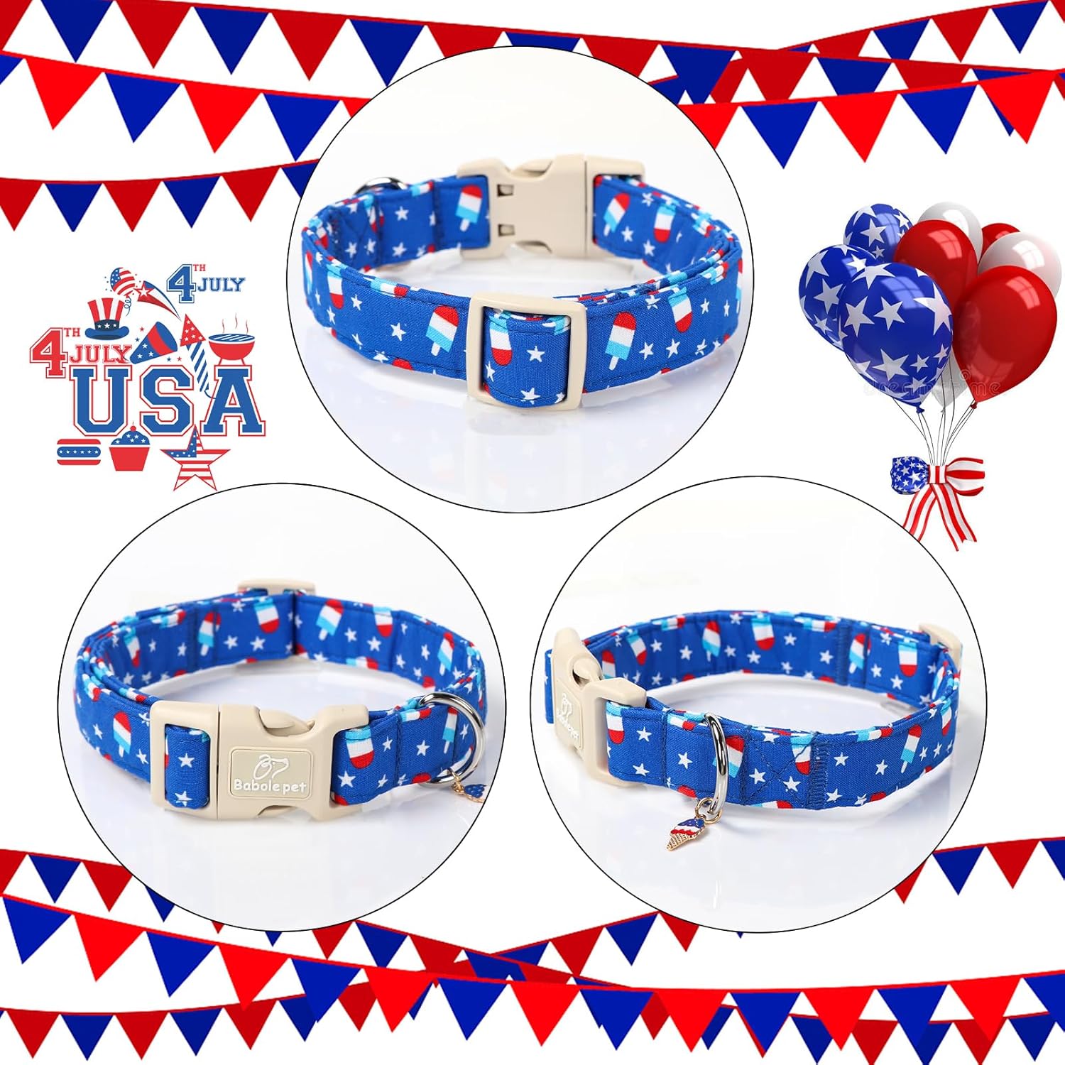 Adjustable poly-cotton patriotic dog collar flat lay