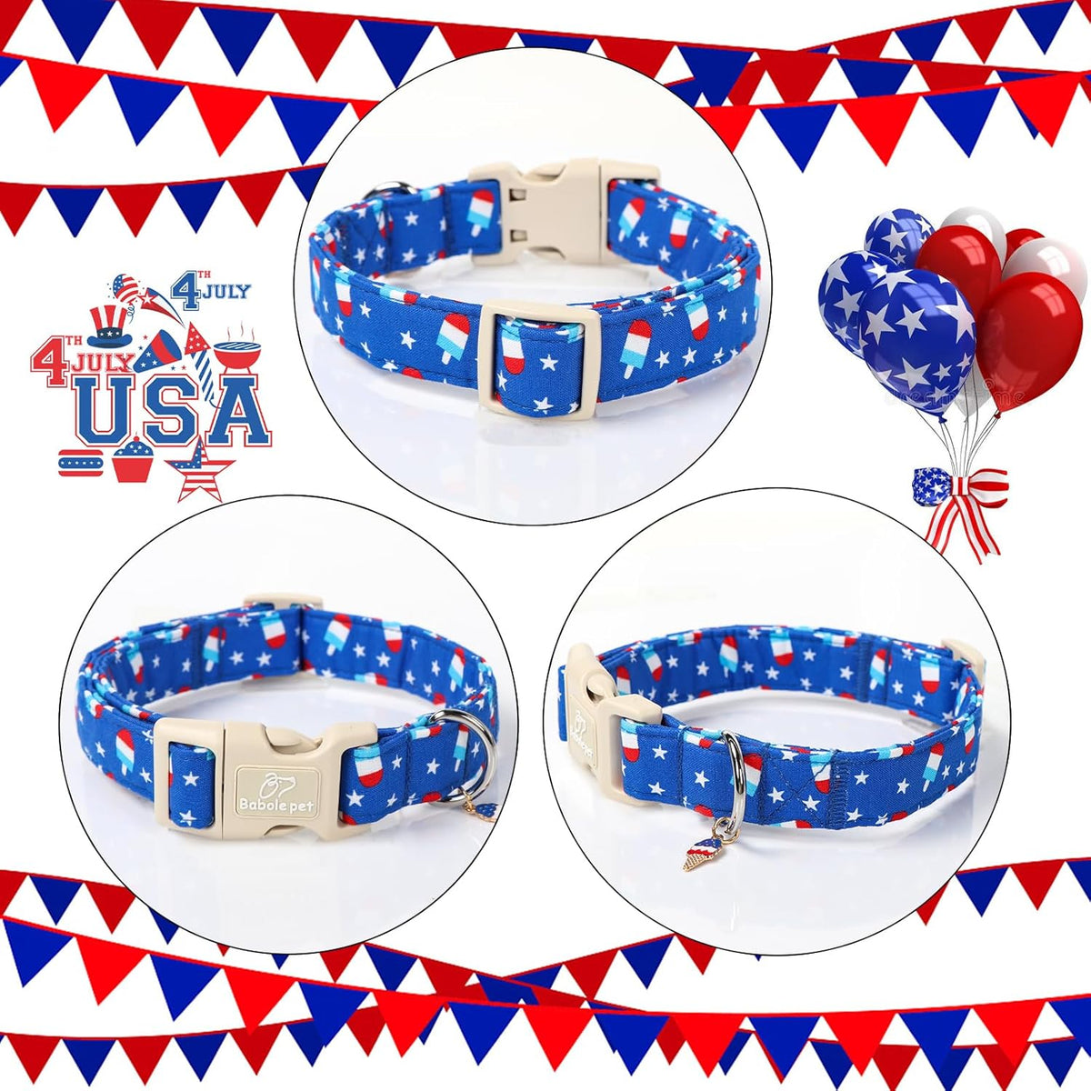 Adjustable poly-cotton patriotic dog collar flat lay