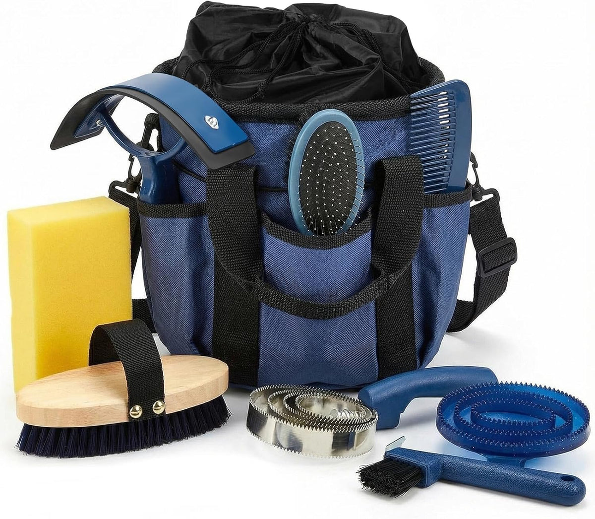 Cunhill 9 Pcs Horse Grooming Kit Tack Room Supplies Set with Tote Bag, Oval Massage Curry, Hard and Soft Brush, Hoof Pick, Sweat Scraper, Bathing Sponge, Comb for Horse Rider(Cute,Blue) - Image 12