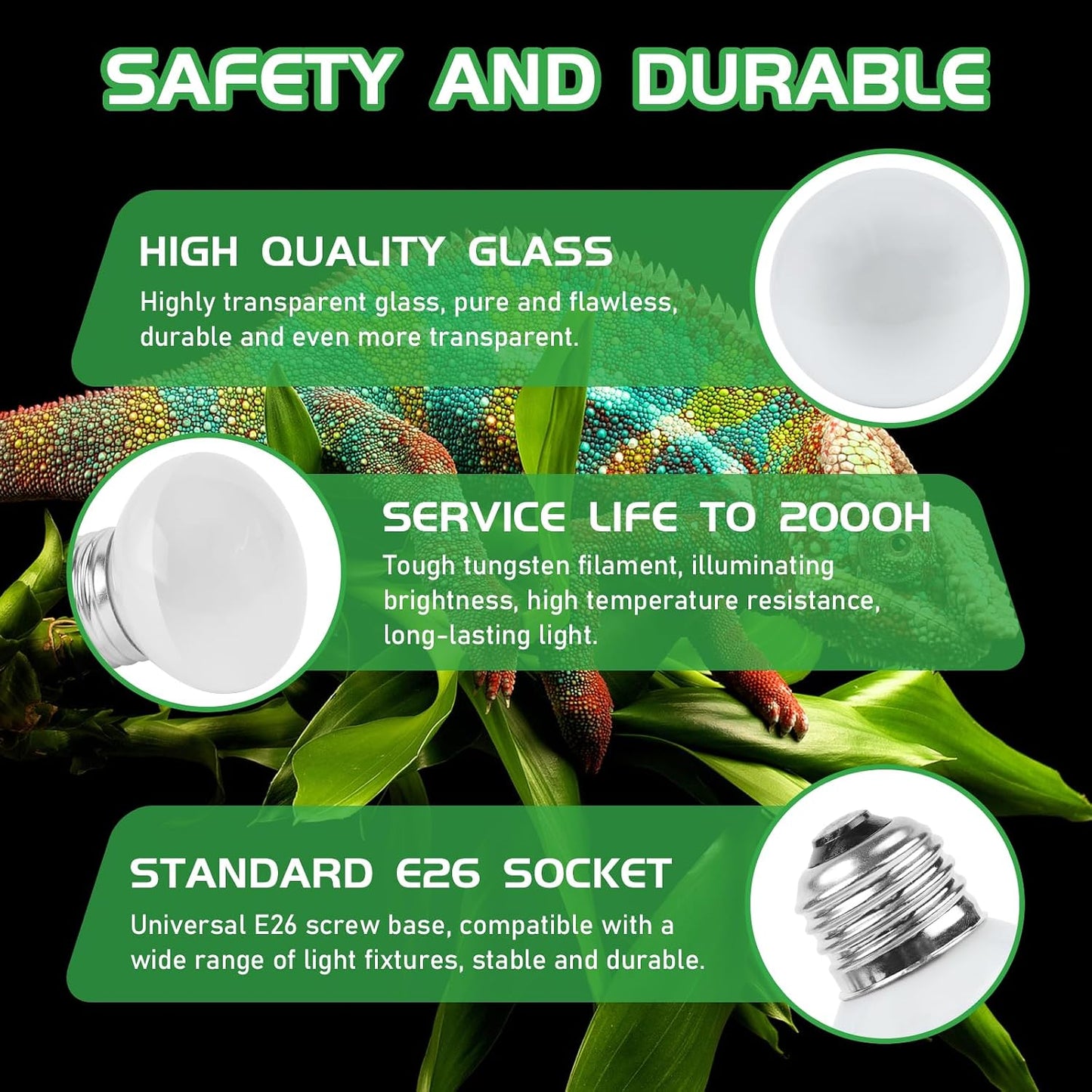 Closer view of the E27 screw base and glass design of the Lucky Herp reptile heating bulb