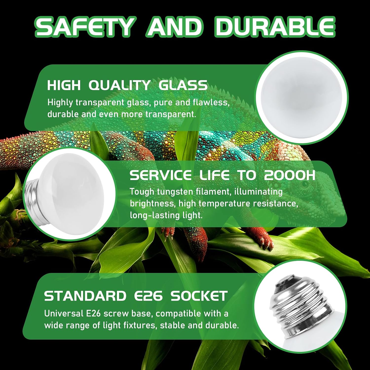 Closer view of the E27 screw base and glass design of the Lucky Herp reptile heating bulb