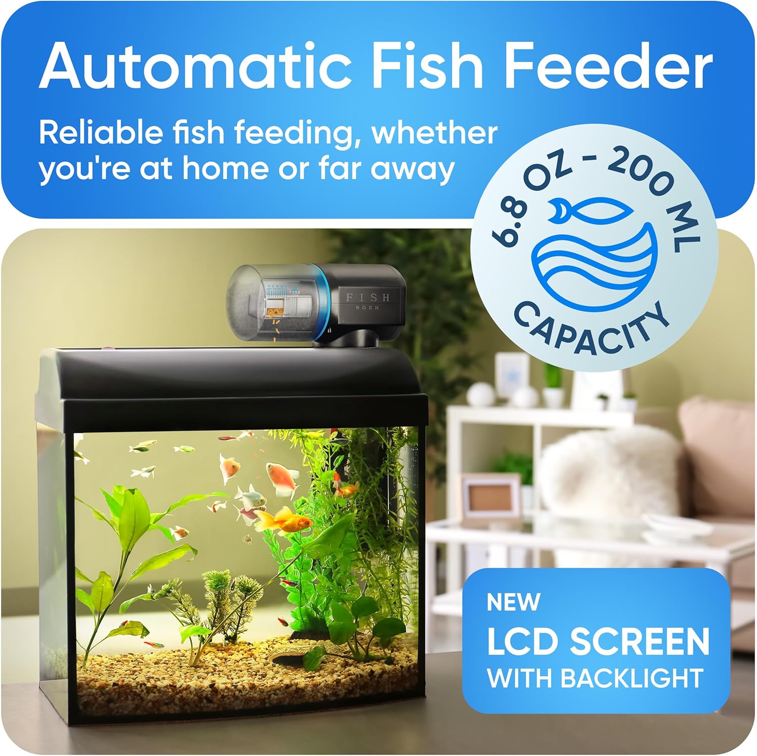 FISHNOSH programmable aquarium dispenser mounted on a small glass fish tank wall side profile