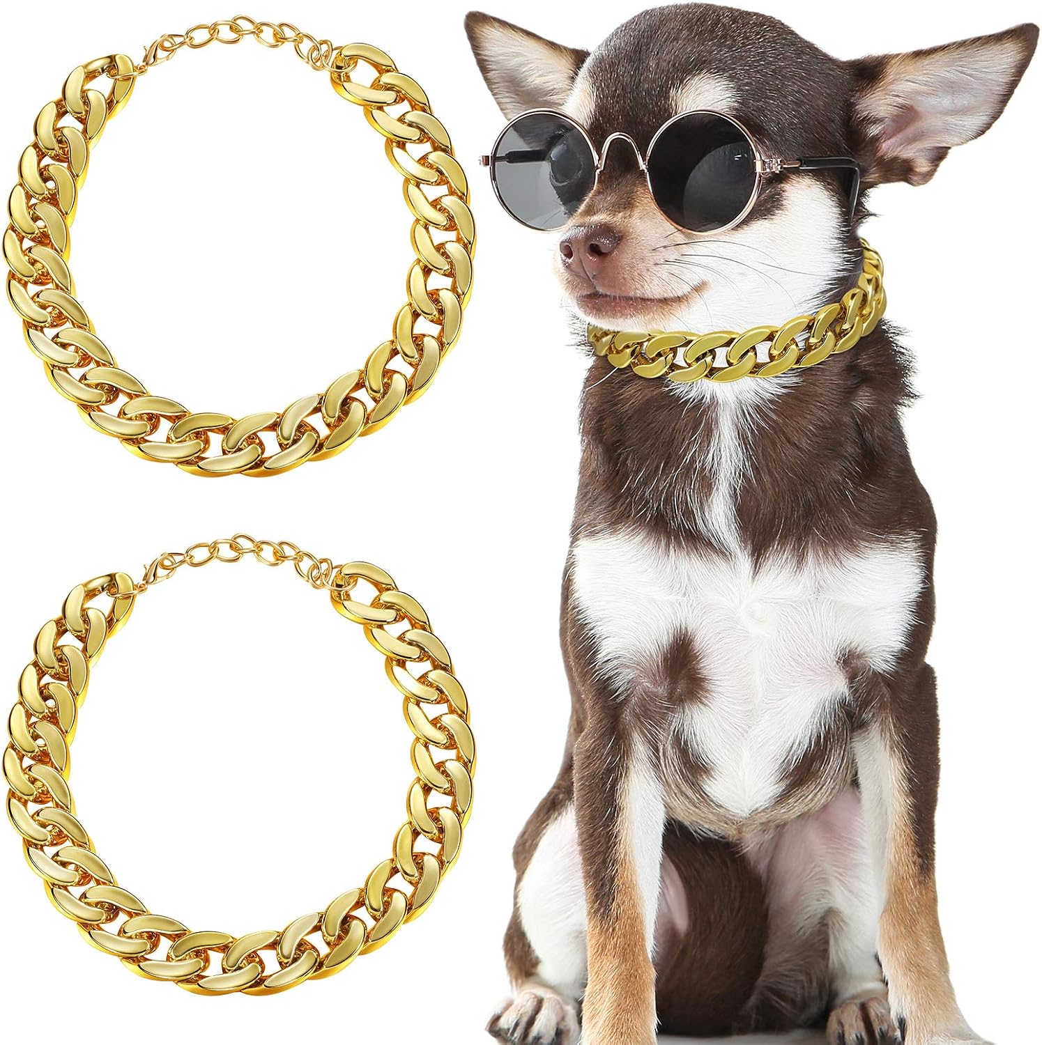 Hicarer 2 pieces dog link chain gold necklace front view on a puppy costume setup