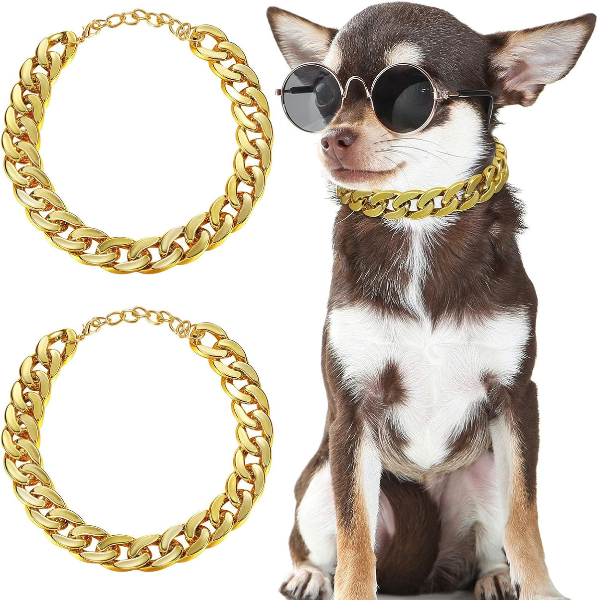 Hicarer 2 pieces dog link chain gold necklace front view on a puppy costume setup