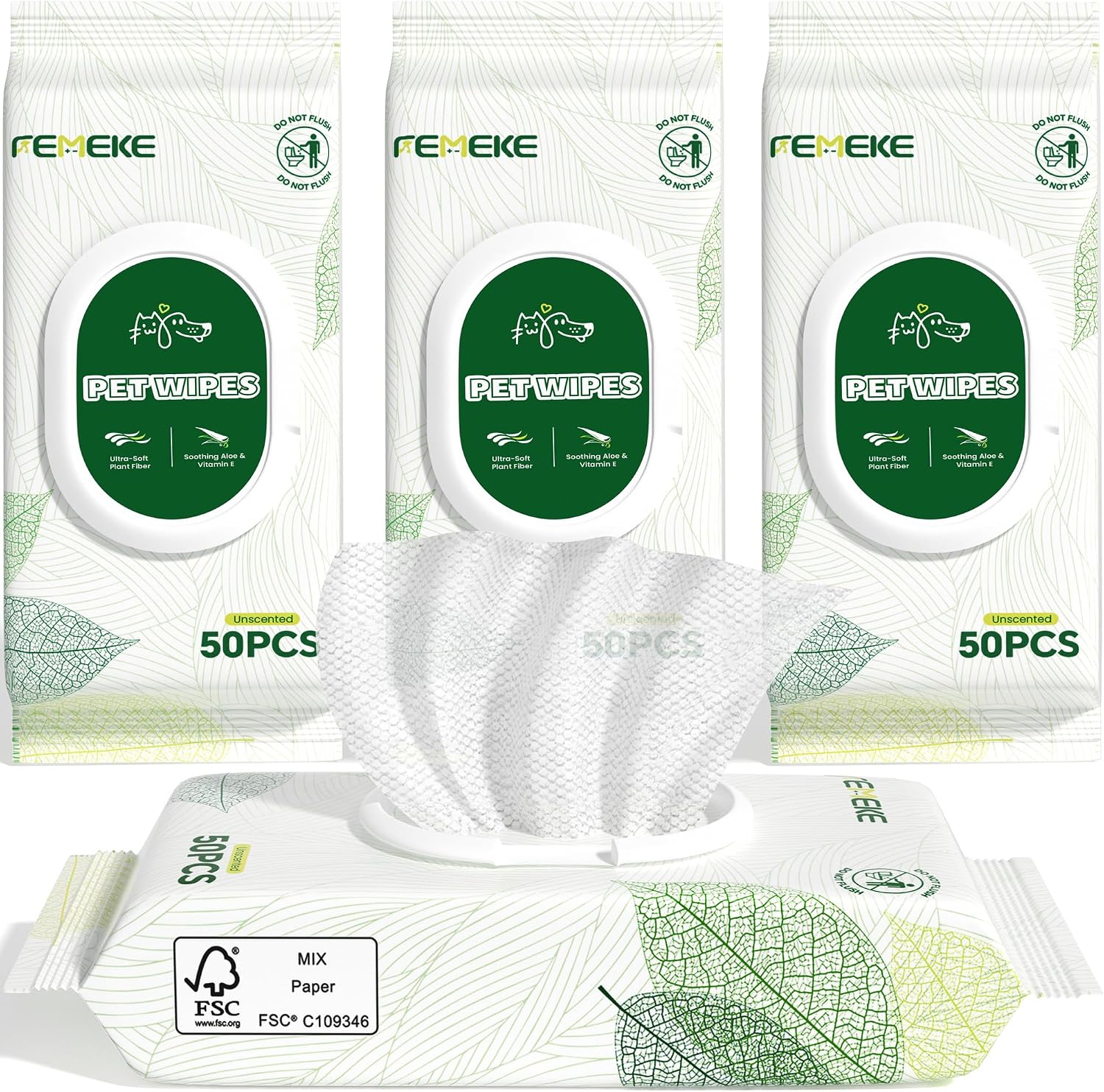 Femeke unscented pet wipes front view of the packaging bundle for grooming dogs and cats.