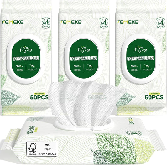 Femeke unscented pet wipes front view of the packaging bundle for grooming dogs and cats.