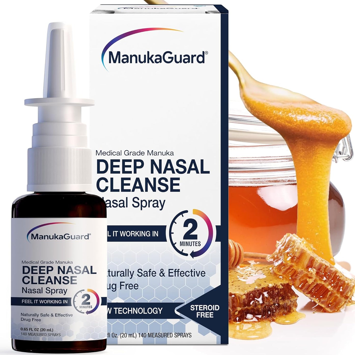 ManukaGuard Medical Grade Manuka Honey Nasal Spray front view for natural sinus relief.