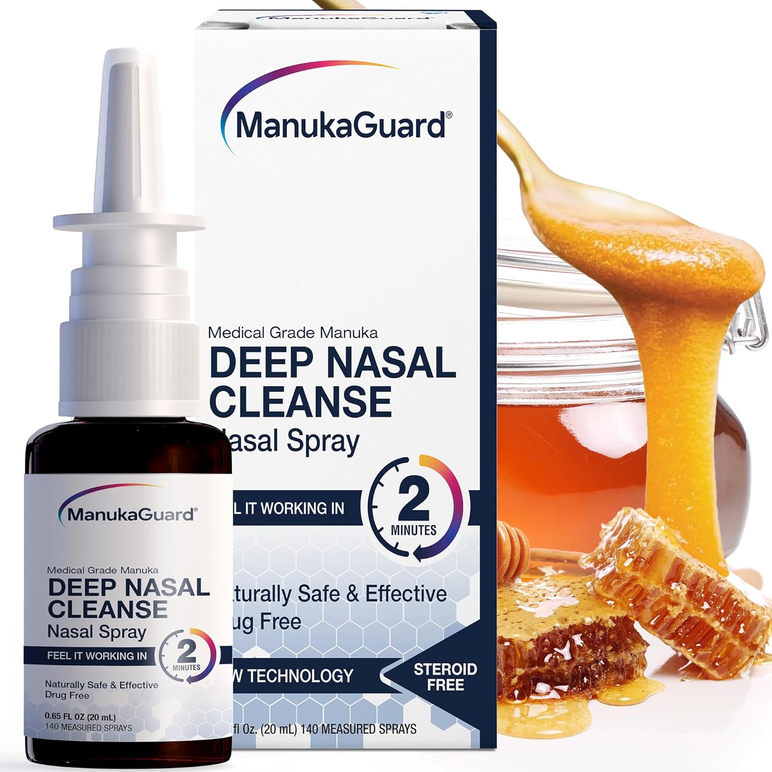 ManukaGuard Medical Grade Manuka Honey Nasal Spray front view for natural sinus relief.