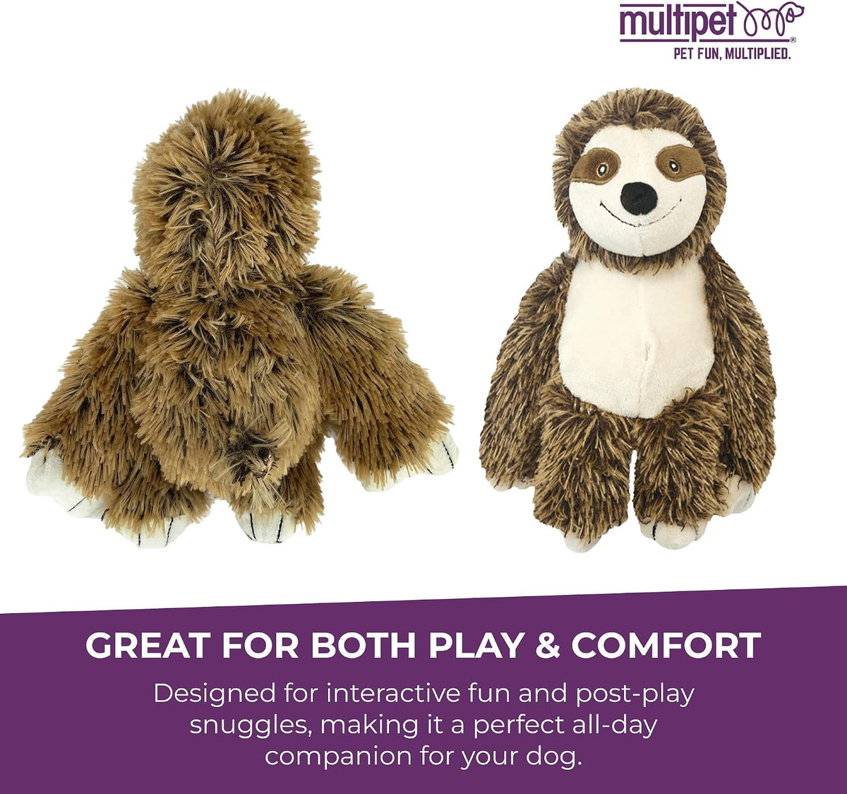 Dog playing with Multipet squeaky sloth plush