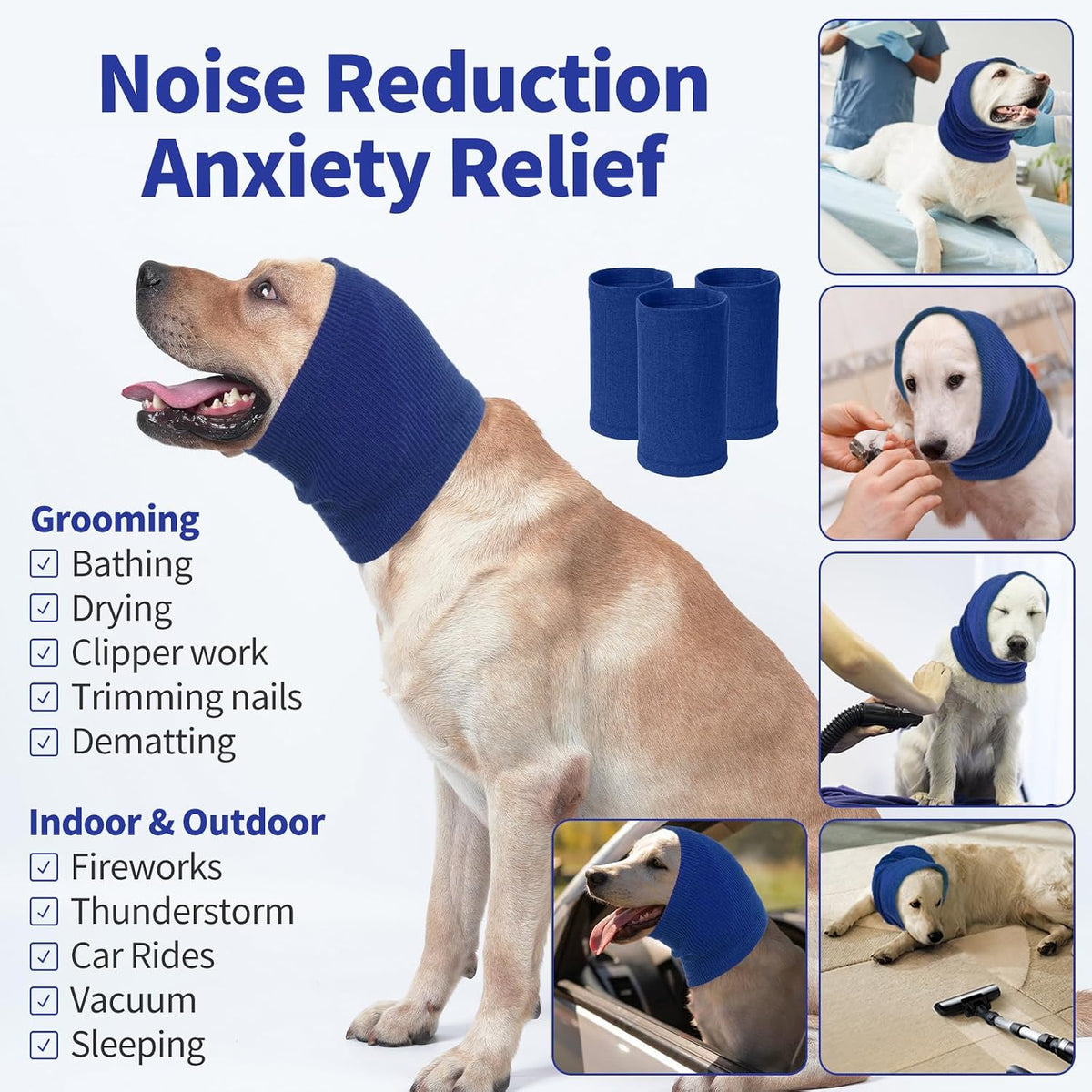 Nanaki quiet head cover sleeve wrapped on a golden retriever ear protection