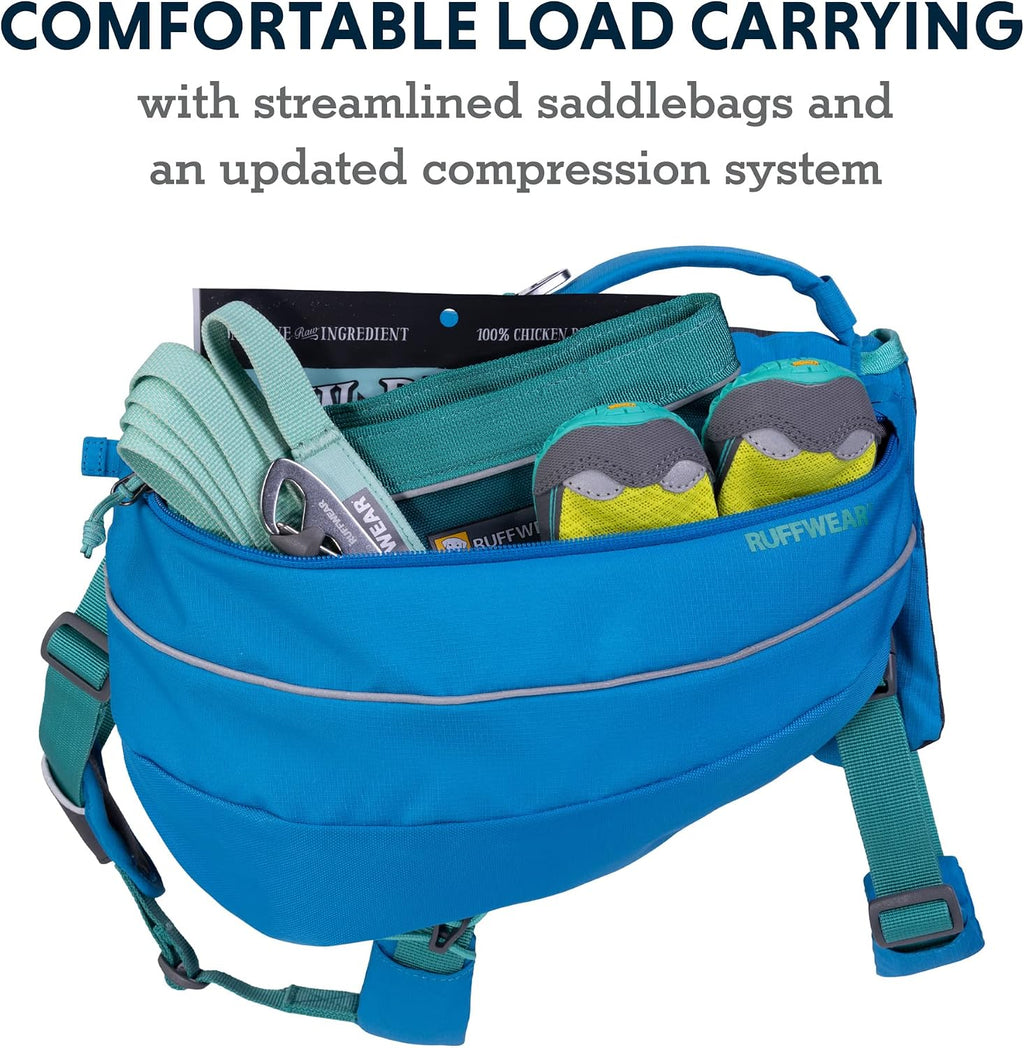 Ruffwear canine camping rucksack with integrated five point adjustable harness.