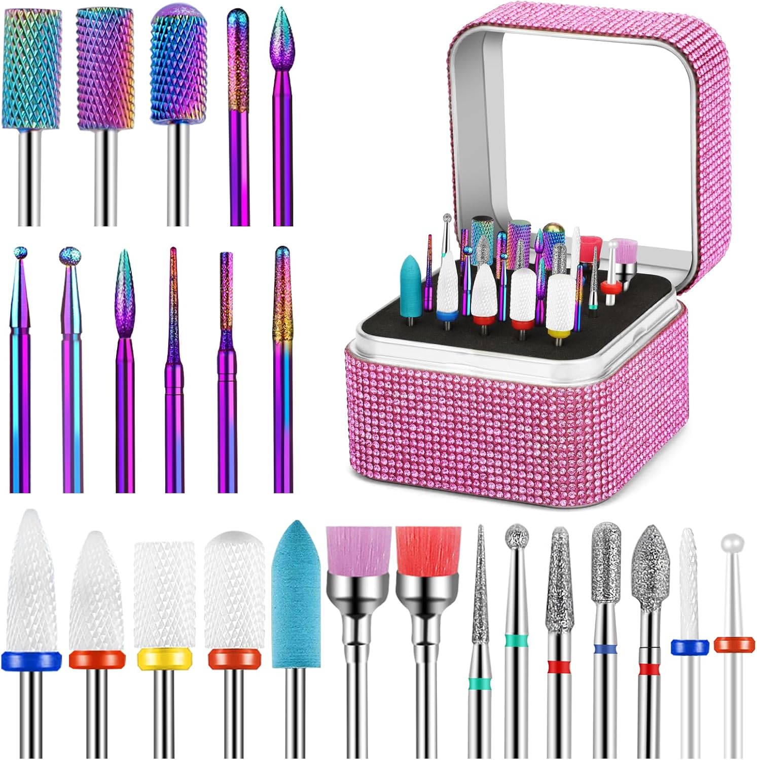 Cellentool 25 Piece Nail Drill Bits Set front view showing individual carbide and ceramic pieces arranged in row