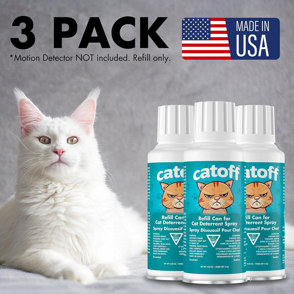 CatOFF scentless non toxic pet deterrent aerosol cans manufactured in the USA.