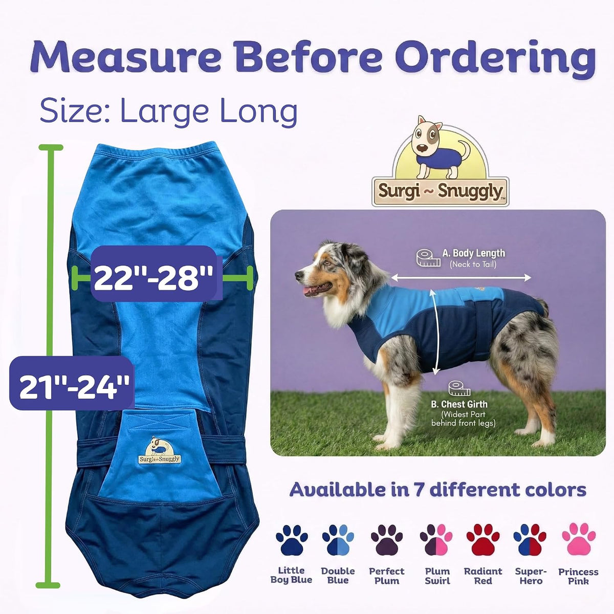Surgi Snuggly antimicrobial dog onesie side profile showing blue fabric coverage