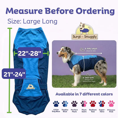 Surgi Snuggly antimicrobial dog onesie side profile showing blue fabric coverage