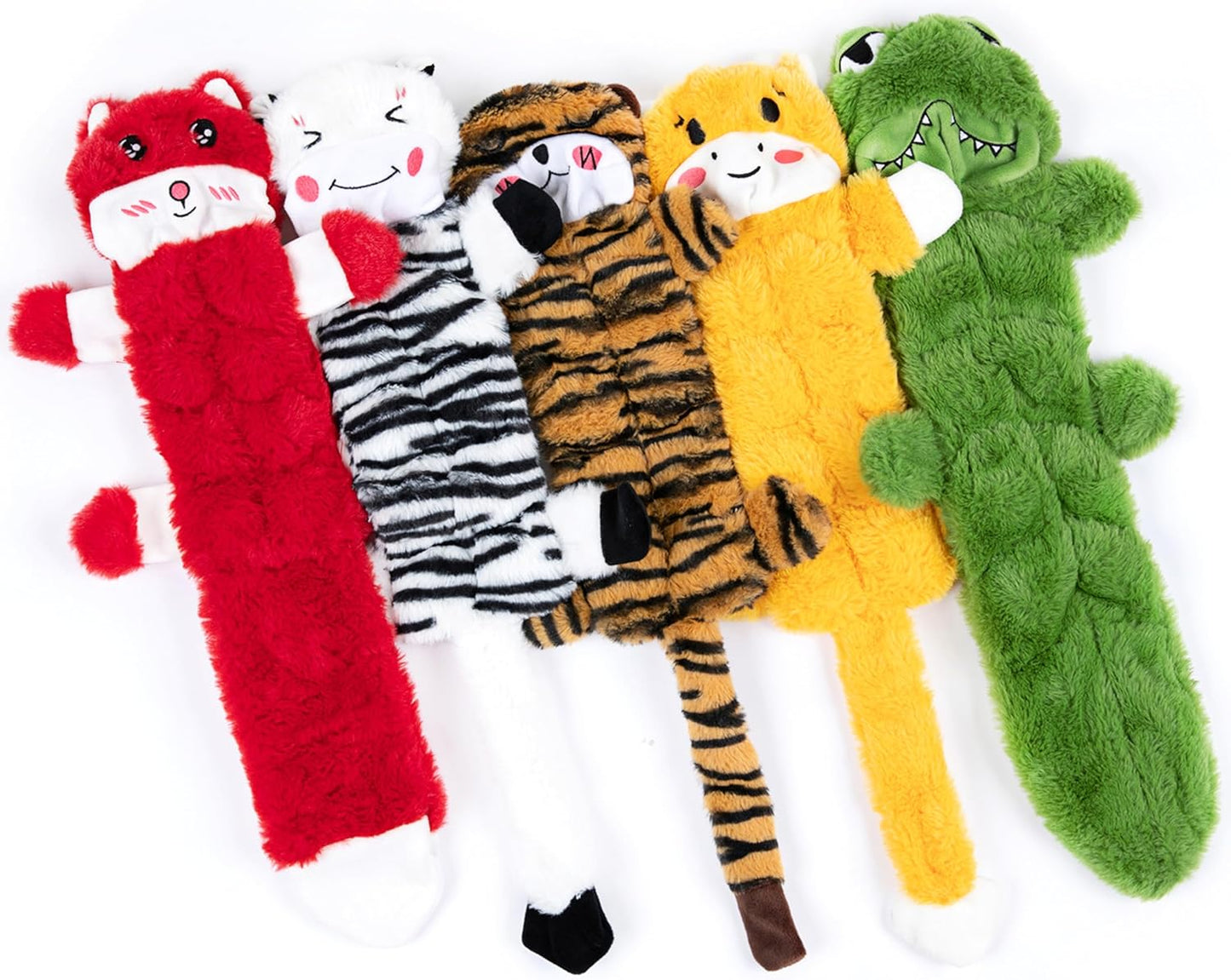 No stuffing puppy play toys highlighting head and tail squeaker locations.