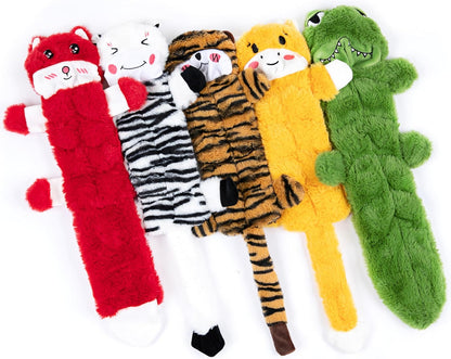 No stuffing puppy play toys highlighting head and tail squeaker locations.