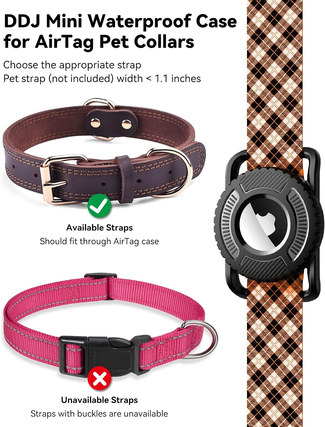 DDJ tracker holder installed on a one inch wide black adjustable pet collar