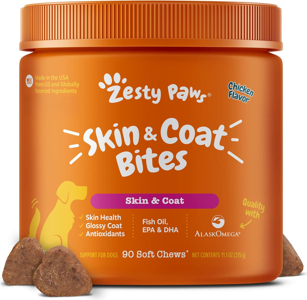 Zesty Paws Omega 3 Alaskan Fish Oil Chew Treats for Dogs front view bottle of skin and coat supplements.