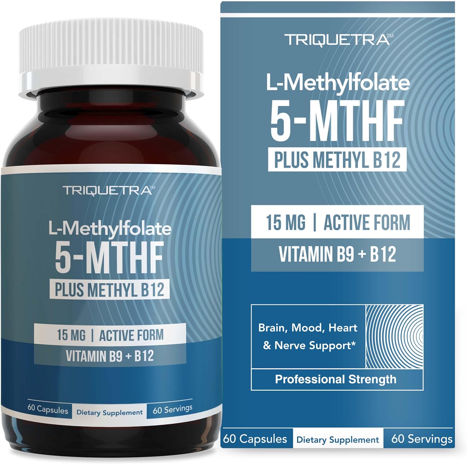 Triquetra Health L-Methylfolate 15mg with Methyl B12 60 veggie capsules front bottle view