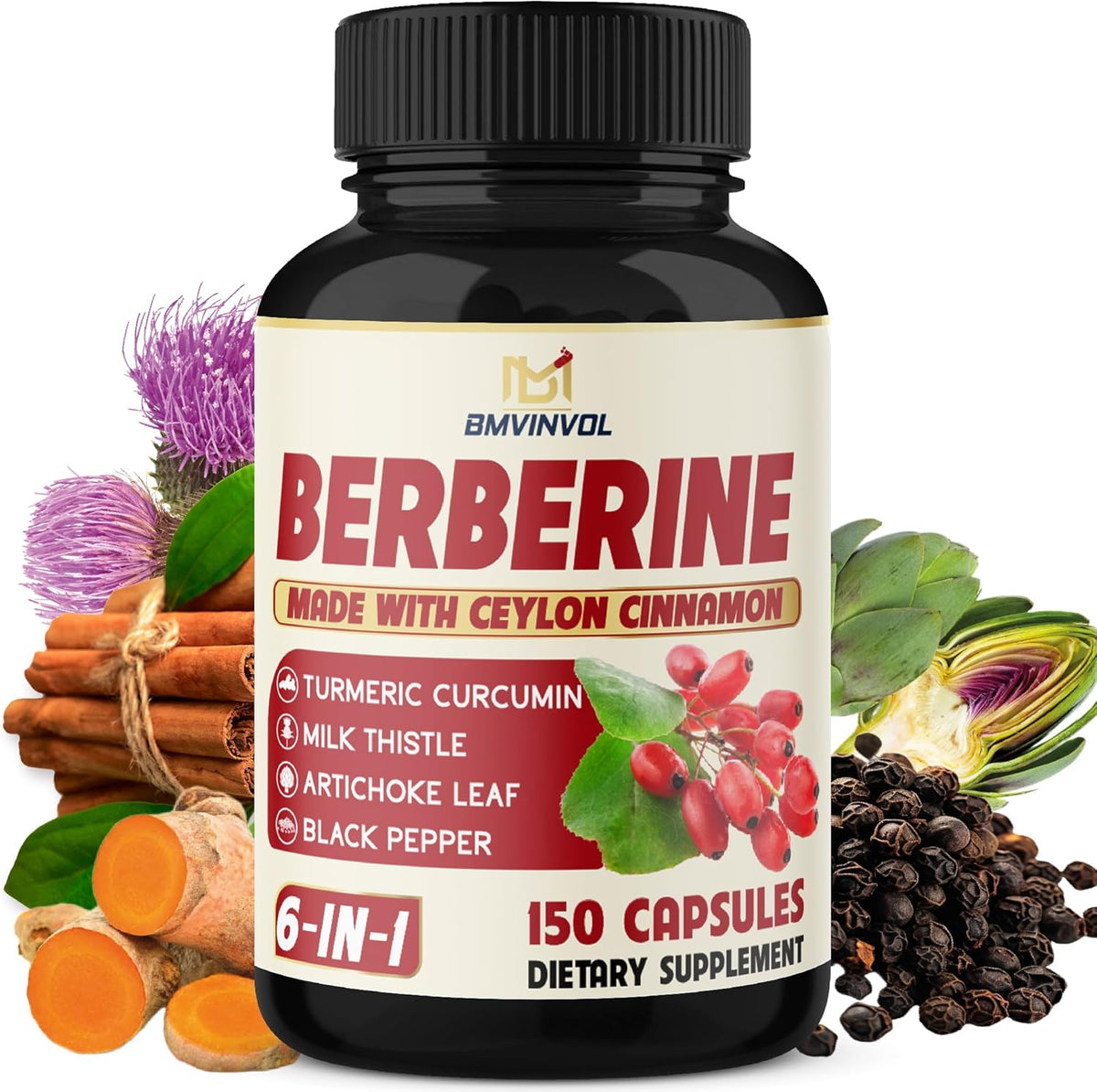 Bmvinvol Berberine with Ceylon Cinnamon front bottle view