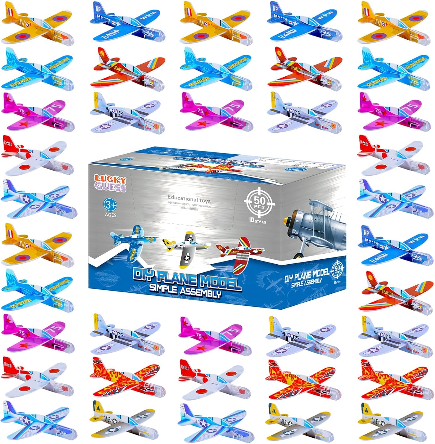 LUCKY GUESS 50 Pcs Foam Gliders Planes Toys, Paper Airplane, Assorted Colors, Easy Assembly, Perfect for Party Favors & Classroom Prizes, Outdoor Flying Toys for Kids Boys and Girls - Image 1