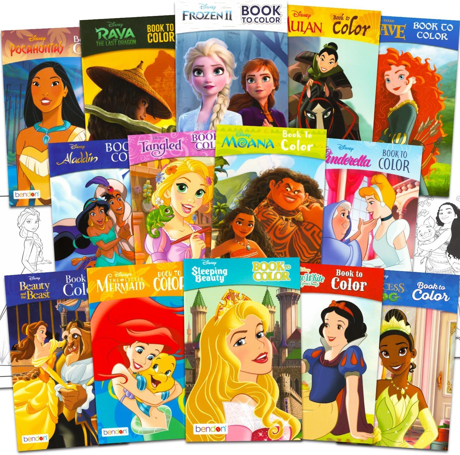 Disney Princess small coloring books front view showing Moana and Frozen characters for kids party favors