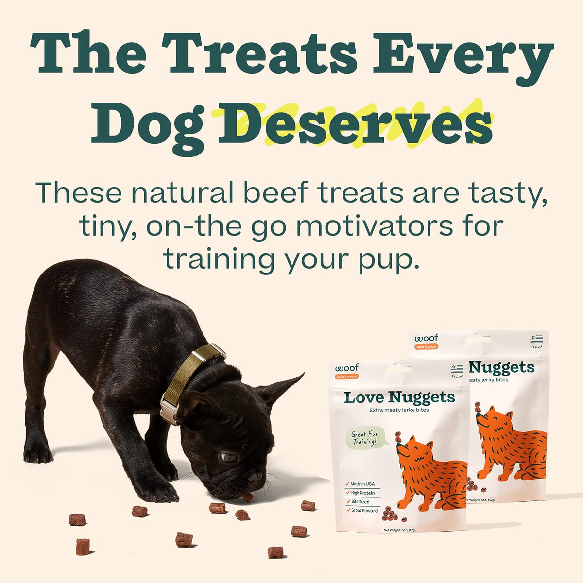 High protein Woof Love Nuggets beef recipe dog treats