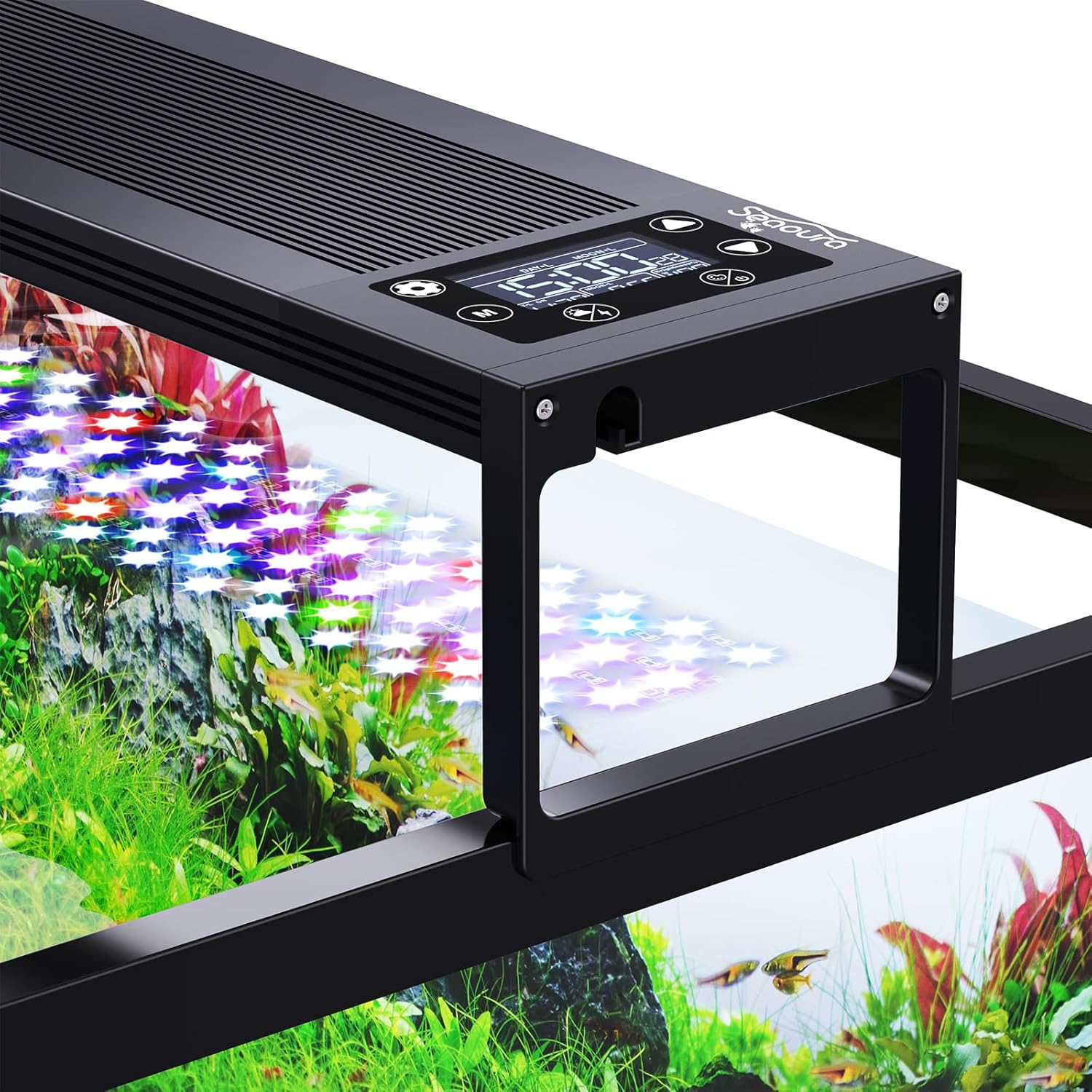 Seaoura 24/7 LED aquarium light front view mounted on a planted fish tank.