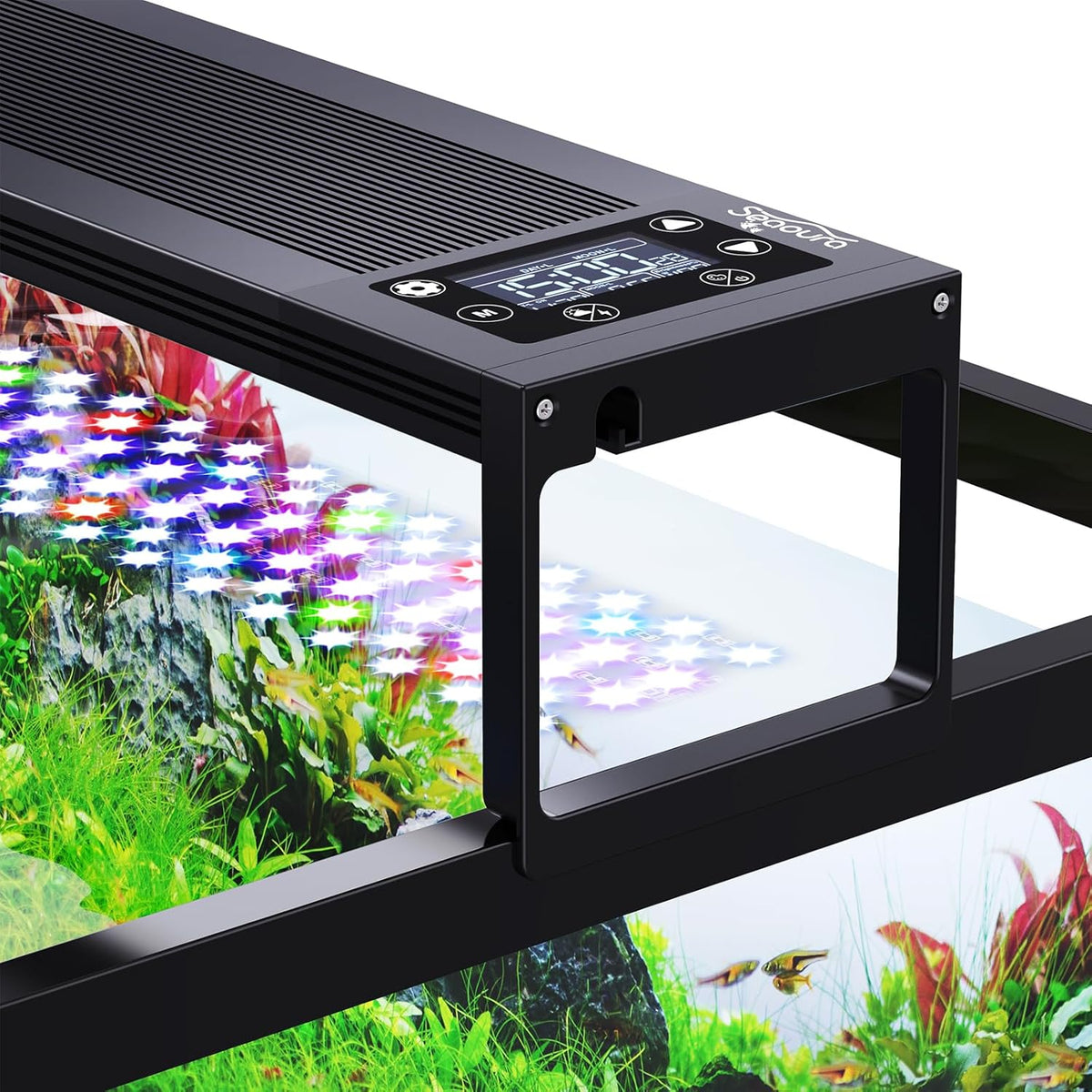 Seaoura 24/7 LED aquarium light front view mounted on a planted fish tank.