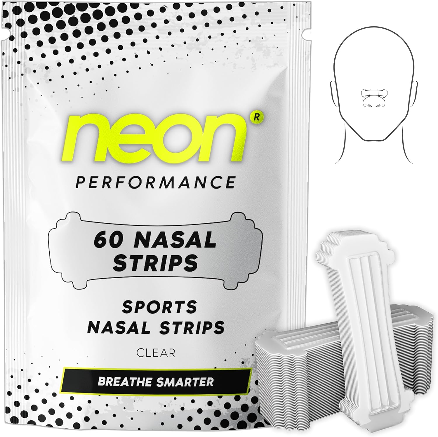 Neon Performance Nasal Strips 60 count front view clear transparent packaging.