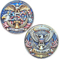 YKshop American 250th Anniversary Challenge Coin front view displaying the detailed Liberty Bell and Statue of Liberty design.