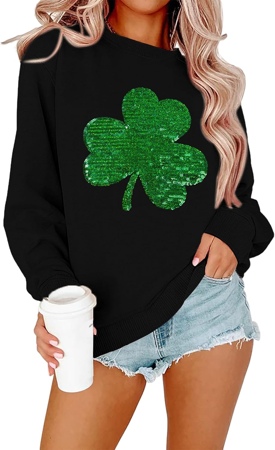 FAYALEQ sequin clover graphic long sleeve sweatshirt side view detail